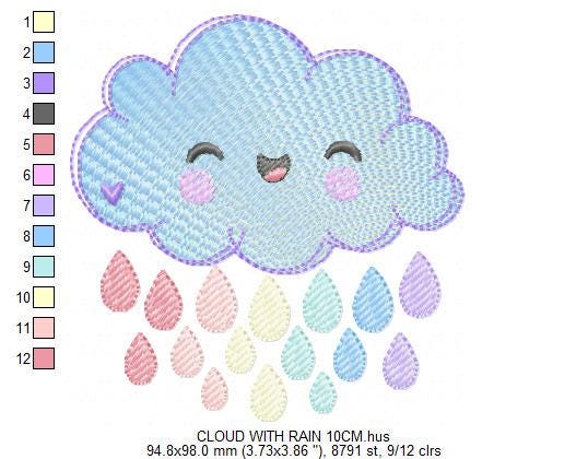 Raining Cloud embroidery design - Cloud with flowers and lace machine embroidery pattern - Cloud with happy face - Instant download pes jef