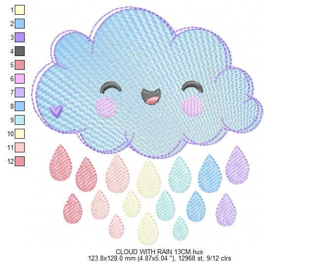 Raining Cloud embroidery design - Cloud with flowers and lace machine embroidery pattern - Cloud with happy face - Instant download pes jef