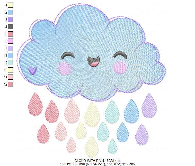Raining Cloud embroidery design - Cloud with flowers and lace machine embroidery pattern - Cloud with happy face - Instant download pes jef