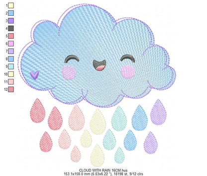 Raining Cloud embroidery design - Cloud with flowers and lace machine embroidery pattern - Cloud with happy face - Instant download pes jef