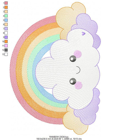 Rainbow with stars and clouds embroidery design - Colorful Rainbow machine embroidery pattern - Instant digital download pes jef dst hus vp3