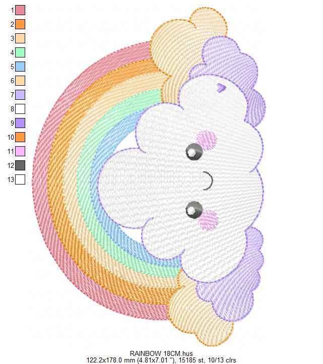 Rainbow with stars and clouds embroidery design - Colorful Rainbow machine embroidery pattern - Instant digital download pes jef dst hus vp3
