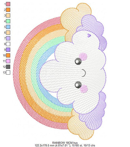 Rainbow with stars and clouds embroidery design - Colorful Rainbow machine embroidery pattern - Instant digital download pes jef dst hus vp3