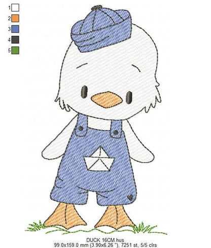 Duck with cap embroidery design - Lake water animal with clothes machine embroidery pattern - Baby boy file - Instant digital download pes
