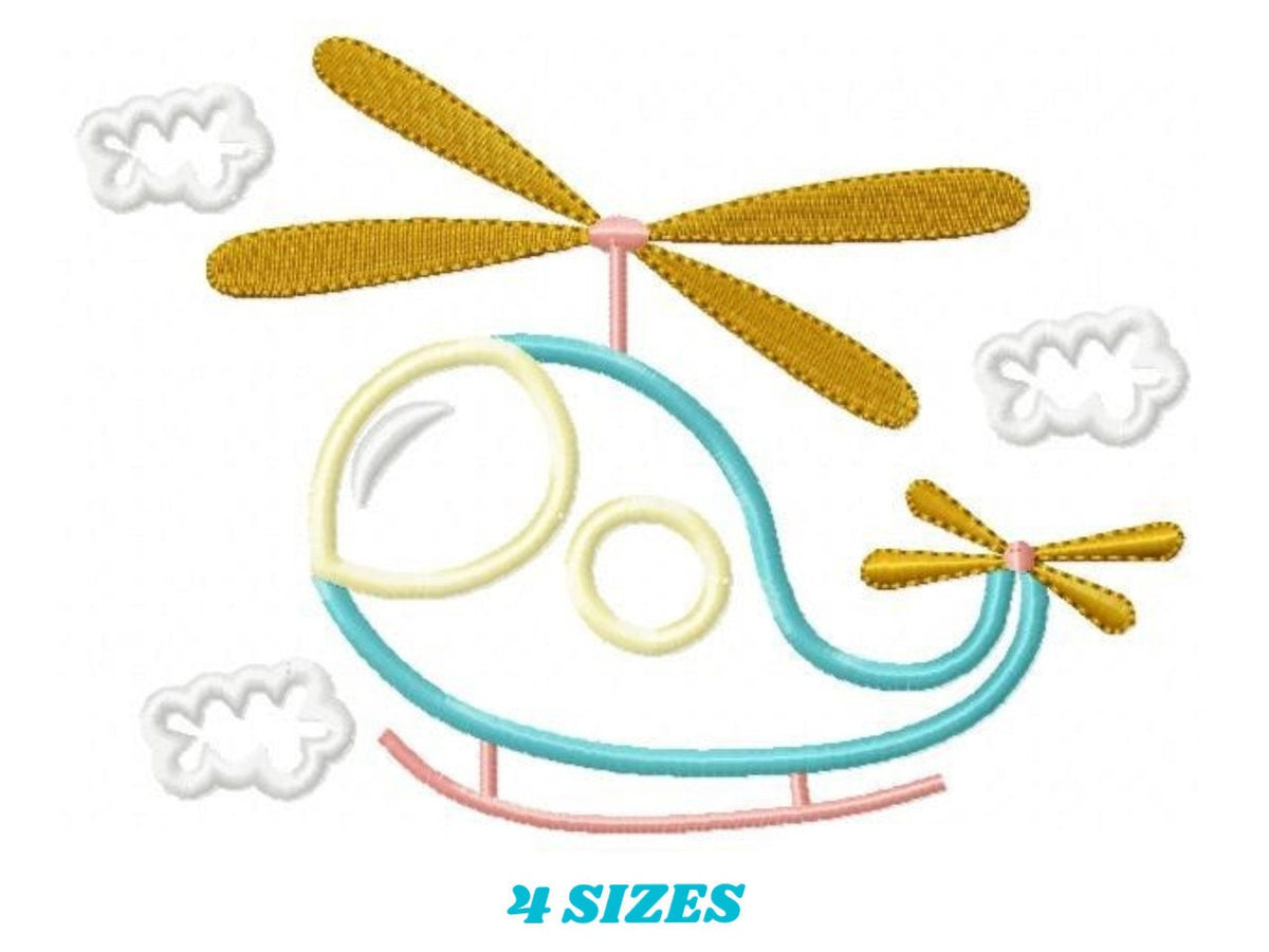 May include: An embroidered design of a cartoon helicopter in shades of blue, yellow, and pink, with white clouds. The text "4 SIZES" is displayed in turquoise below the helicopter.