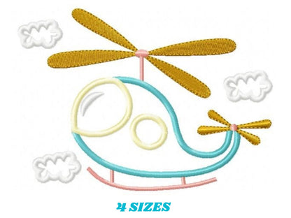 May include: An embroidered design of a cartoon helicopter in shades of blue, yellow, and pink, with white clouds. The text "4 SIZES" is displayed in turquoise below the helicopter.