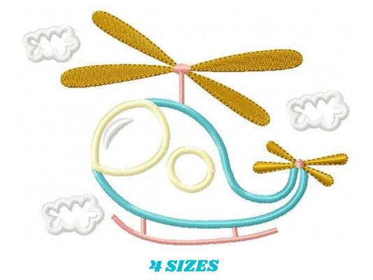 May include: An embroidered design of a cartoon helicopter in shades of blue, yellow, and pink, with white clouds. The text "4 SIZES" is displayed in turquoise below the helicopter.