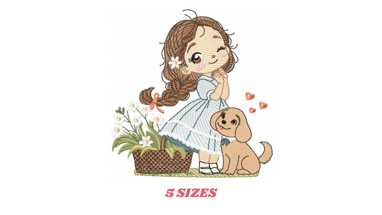 Girl with dog embroidery designs - Baby girl with flowers machine embroidery pattern - Girl with puppy file - Instant digital download jef