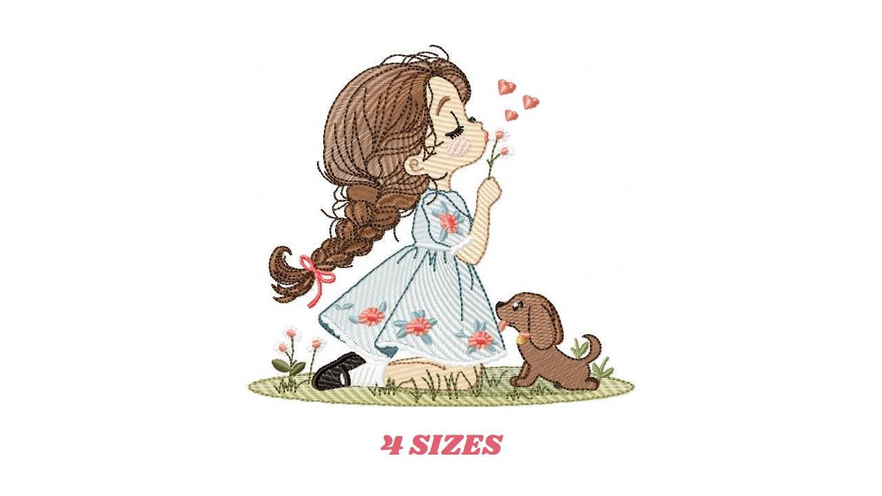 Girl with dog embroidery designs - Baby girl with flowers and hearts machine embroidery pattern - Girl with puppy file - Instant download