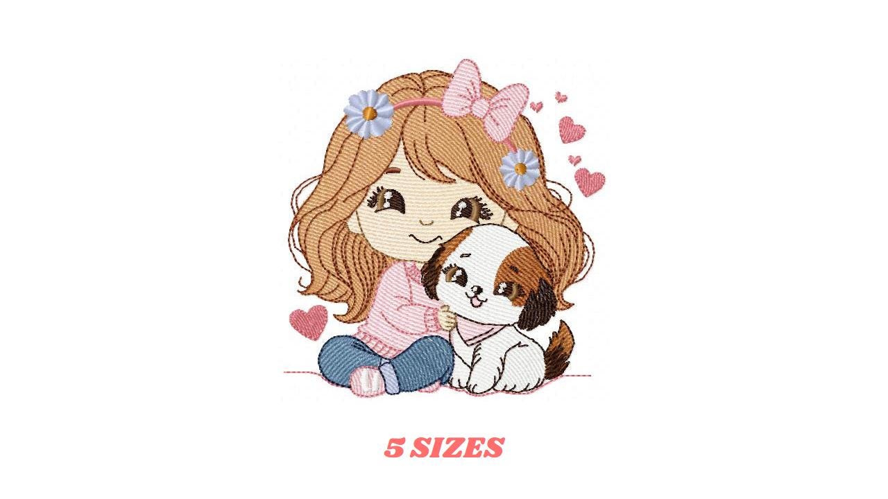 Girl with dog embroidery designs - Girl with long hair and puppy machine embroidery pattern - Girl with pet file - Instant download jef pes