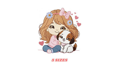Girl with dog embroidery designs - Girl with long hair and puppy machine embroidery pattern - Girl with pet file - Instant download jef pes