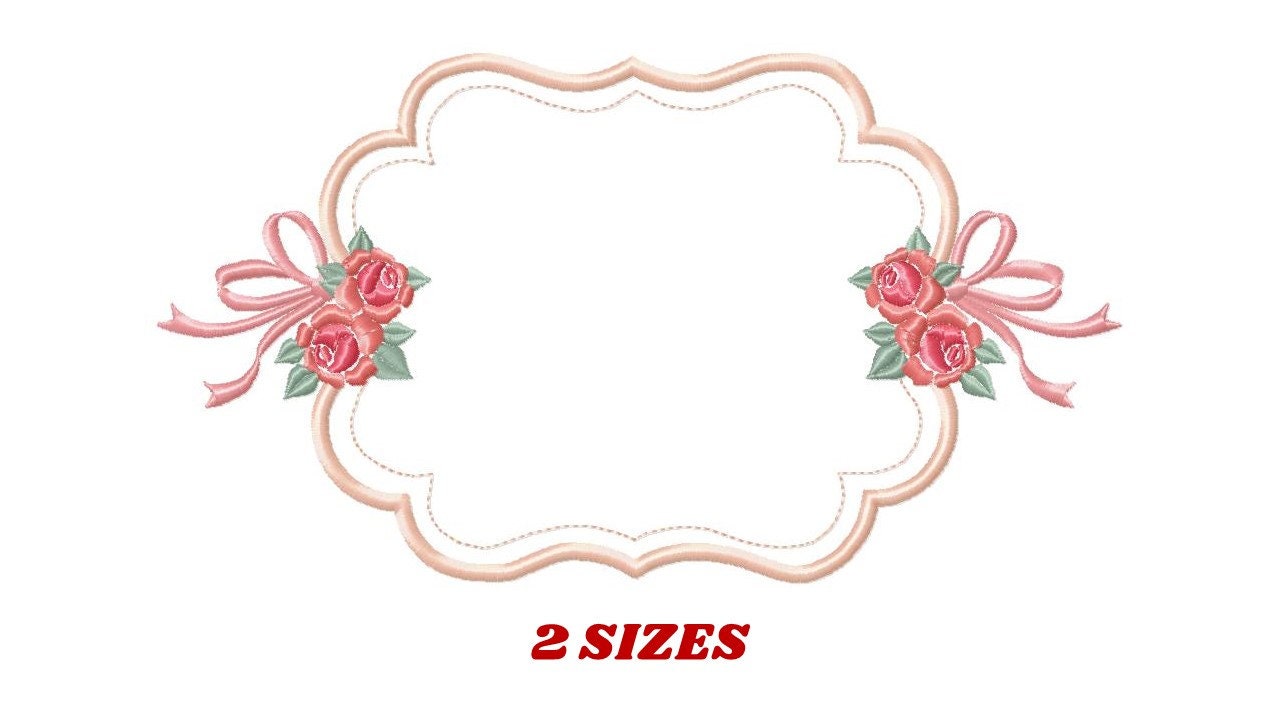 May include: A decorative frame with a scalloped edge and two pink rose clusters with green leaves and pink ribbons. The text "2 SIZES" is below the frame.