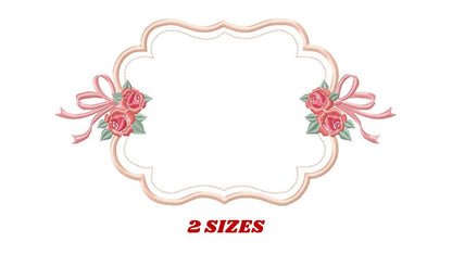 May include: A decorative frame with a scalloped edge and two pink rose clusters with green leaves and pink ribbons. The text "2 SIZES" is below the frame.