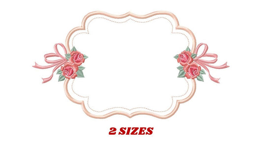 May include: A decorative frame with a scalloped edge and two pink rose clusters with green leaves and pink ribbons. The text "2 SIZES" is below the frame.