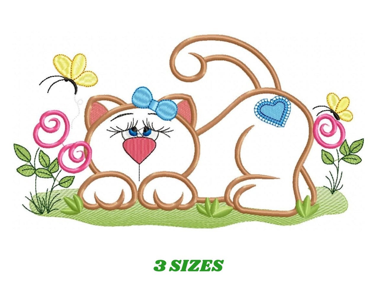 May include: Embroidered design of a white cat with brown ears and paws, wearing a blue bow, lying in a green grassy area with pink and yellow flowers and butterflies.