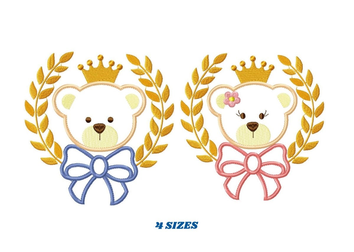 May include: Two embroidered designs of teddy bears wearing crowns and bows. The boy bear has a blue bow and the girl bear has a pink bow. Both bears are surrounded by gold laurel wreaths.