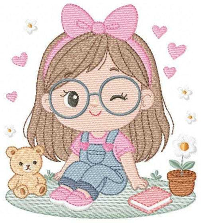 Girl with glasses embroidery designs - Teenager embroidery design machine embroidery pattern - Girl with wavy hair embroidery file download (Copy) Marcia Embroidery