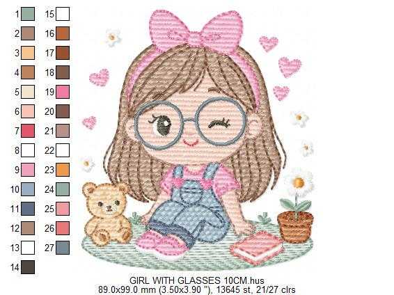 Girl with glasses embroidery designs - Teenager embroidery design machine embroidery pattern - Girl with wavy hair embroidery file download (Copy) Marcia Embroidery