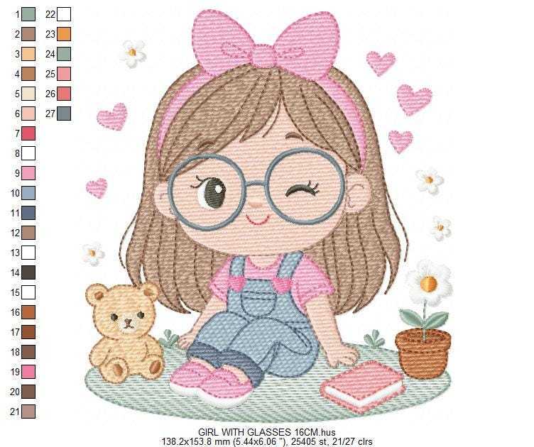 Girl with glasses embroidery designs - Teenager embroidery design machine embroidery pattern - Girl with wavy hair embroidery file download (Copy) Marcia Embroidery