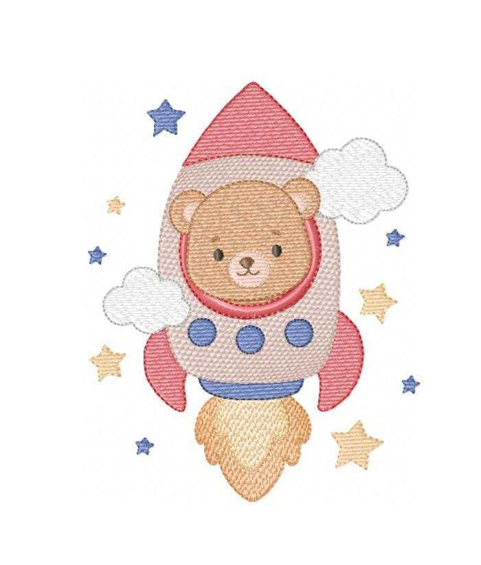 Space Rocket embroidery design - Rocket with Baby Boy Bear and stars machine embroidery pattern - Baby Boy file - Instant digital download