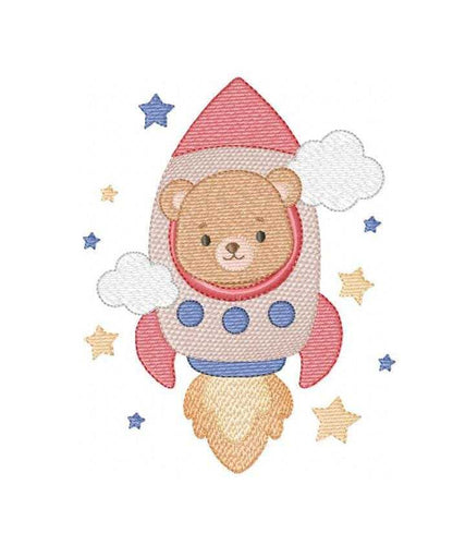 Space Rocket embroidery design - Rocket with Baby Boy Bear and stars machine embroidery pattern - Baby Boy file - Instant digital download