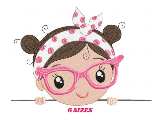 May include: Embroidered design of a girl with brown hair wearing pink glasses and a white headband with pink polka dots. The girl is peeking over a white surface. The text "6 SIZES" is below the image.
