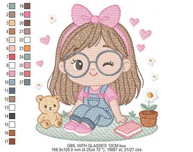 Girl with glasses embroidery designs - Teenager embroidery design machine embroidery pattern - Girl with wavy hair embroidery file download (Copy) Marcia Embroidery