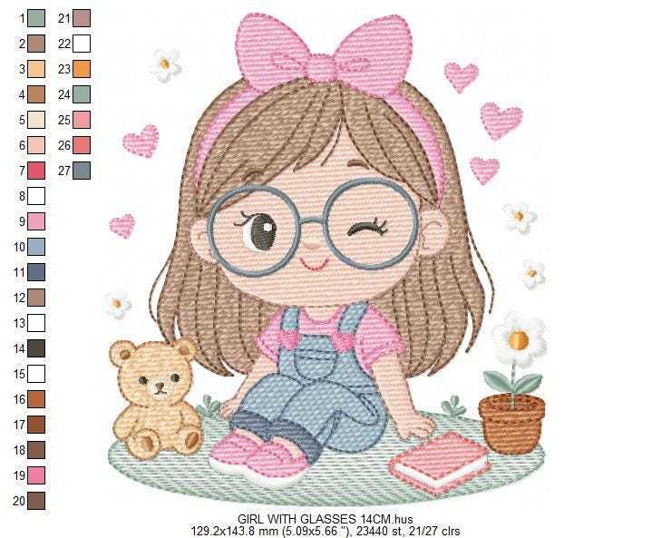 Girl with glasses embroidery designs - Teenager embroidery design machine embroidery pattern - Girl with wavy hair embroidery file download (Copy) Marcia Embroidery