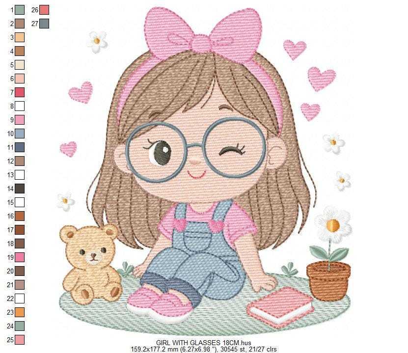 Girl with glasses embroidery designs - Teenager embroidery design machine embroidery pattern - Girl with wavy hair embroidery file download (Copy) Marcia Embroidery