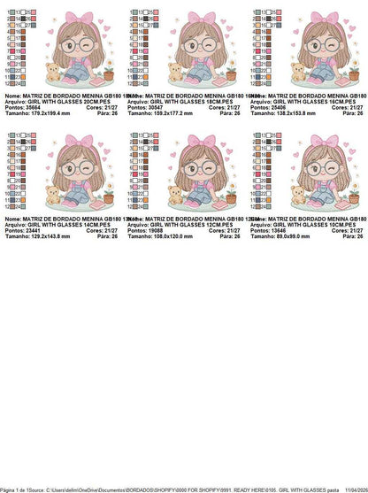 Girl with glasses embroidery designs - Teenager embroidery design machine embroidery pattern - Girl with wavy hair embroidery file download (Copy) Marcia Embroidery