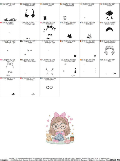 Girl with glasses embroidery designs - Teenager embroidery design machine embroidery pattern - Girl with wavy hair embroidery file download (Copy) Marcia Embroidery