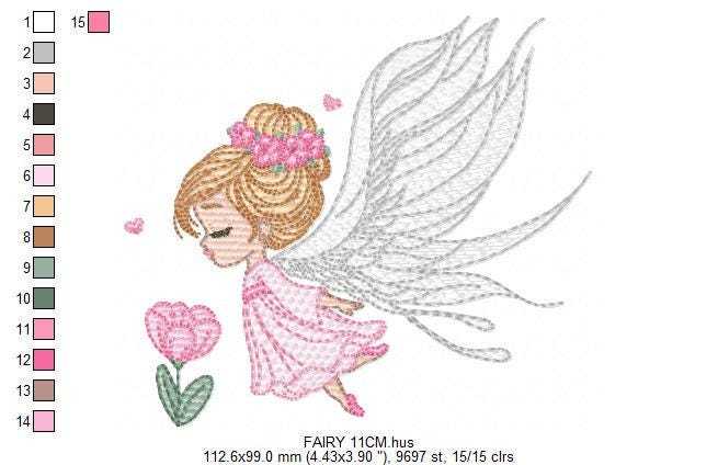 Fairy with curly hair and flower embroidery designs - Baby girl with wings and wand machine pattern - Magical Pixie - Instant download pes (Copy) Marcia Embroidery