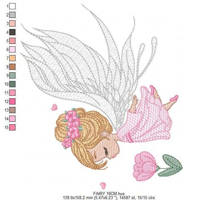 Fairy with curly hair and flower embroidery designs - Baby girl with wings and wand machine pattern - Magical Pixie - Instant download pes (Copy) Marcia Embroidery