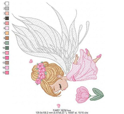 Fairy with curly hair and flower embroidery designs - Baby girl with wings and wand machine pattern - Magical Pixie - Instant download pes (Copy) Marcia Embroidery