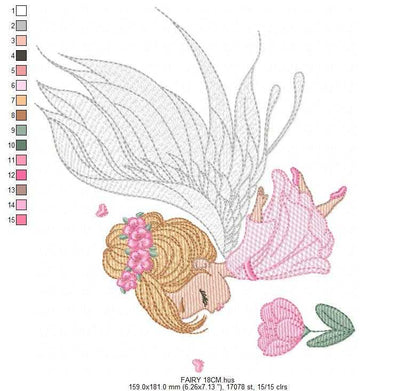 Fairy with curly hair and flower embroidery designs - Baby girl with wings and wand machine pattern - Magical Pixie - Instant download pes (Copy) Marcia Embroidery
