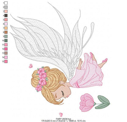 Fairy with curly hair and flower embroidery designs - Baby girl with wings and wand machine pattern - Magical Pixie - Instant download pes (Copy) Marcia Embroidery