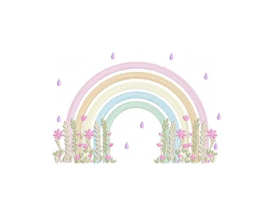 Rainbow with flowers embroidery design - Colorful Rainbow with rain drops machine embroidery pattern - Instant digital download pes jef dst vp3