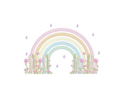 Rainbow with flowers embroidery design - Colorful Rainbow with rain drops machine embroidery pattern - Instant digital download pes jef dst vp3