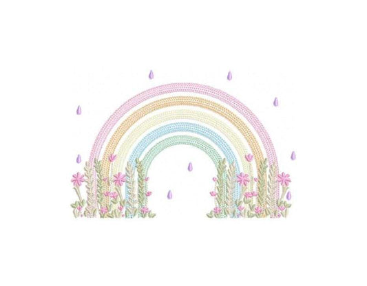 Rainbow with flowers embroidery design - Colorful Rainbow with rain drops machine embroidery pattern - Instant digital download pes jef dst vp3