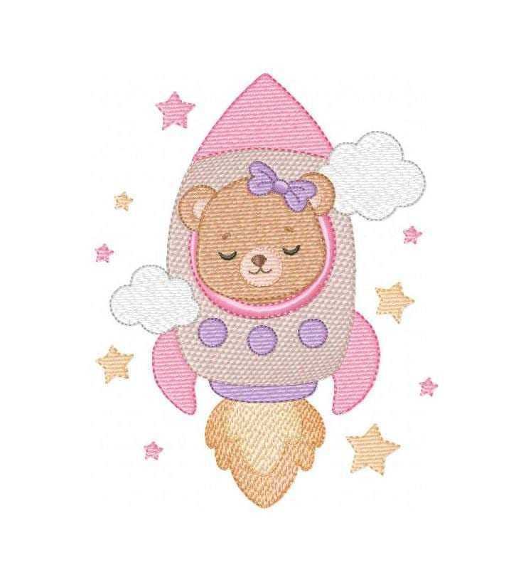 Space Rocket embroidery design - Rocket with Baby Girl Bear and stars machine embroidery pattern - Baby Girl file - Instant digital download pes jef dst