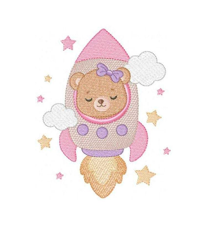 Space Rocket embroidery design - Rocket with Baby Girl Bear and stars machine embroidery pattern - Baby Girl file - Instant digital download pes jef dst