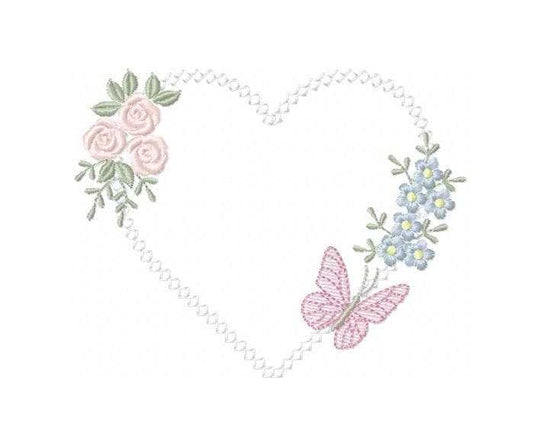 Heart with flowers embroidery designs - Floral heart frame with butterfly machine embroidery pattern - Baby girl file - Instant digital download pes jef