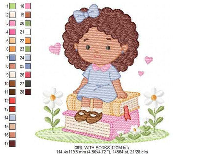 Baby girl with books embroidery design - Curly Black Hair Girl with flowers machine embroidery pattern - Princess embroidery - Instant digital download pes jef dst Marcia Embroidery