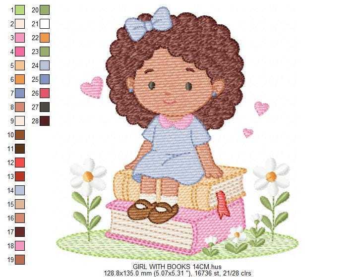 Baby girl with books embroidery design - Curly Black Hair Girl with flowers machine embroidery pattern - Princess embroidery - Instant digital download pes jef dst Marcia Embroidery