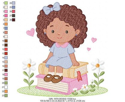 Baby girl with books embroidery design - Curly Black Hair Girl with flowers machine embroidery pattern - Princess embroidery - Instant digital download pes jef dst Marcia Embroidery