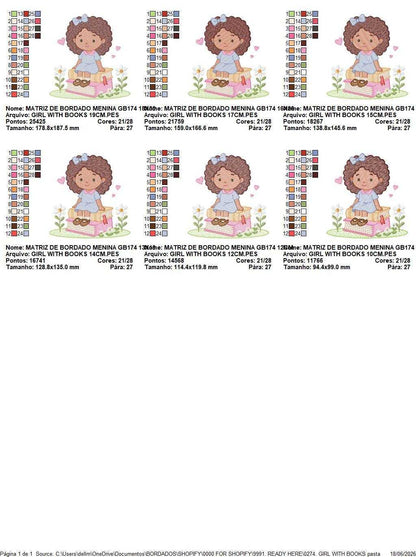 Baby girl with books embroidery design - Curly Black Hair Girl with flowers machine embroidery pattern - Princess embroidery - Instant digital download pes jef dst Marcia Embroidery