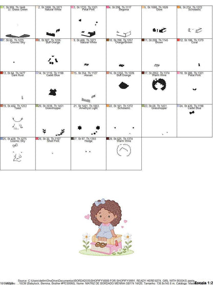 Baby girl with books embroidery design - Curly Black Hair Girl with flowers machine embroidery pattern - Princess embroidery - Instant digital download pes jef dst Marcia Embroidery