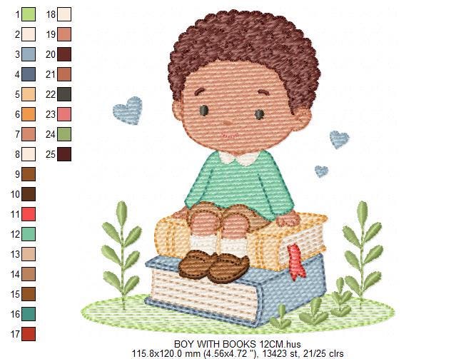 Baby Boy with books embroidery designs - School Student Toddler with books and hearts machine embroidery pattern - Instant download pes jef (Copy) Marcia Embroidery
