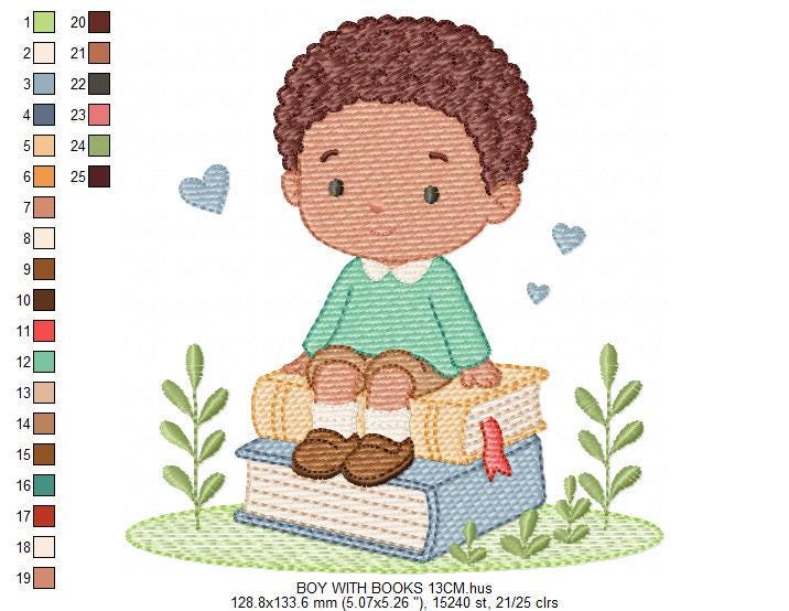 Baby Boy with books embroidery designs - School Student Toddler with books and hearts machine embroidery pattern - Instant download pes jef (Copy) Marcia Embroidery