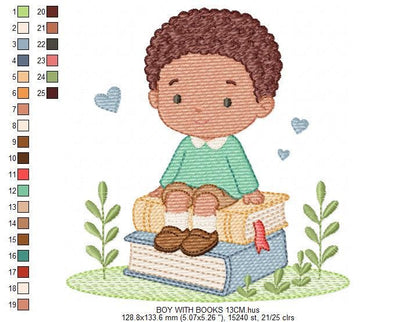 Baby Boy with books embroidery designs - School Student Toddler with books and hearts machine embroidery pattern - Instant download pes jef (Copy) Marcia Embroidery